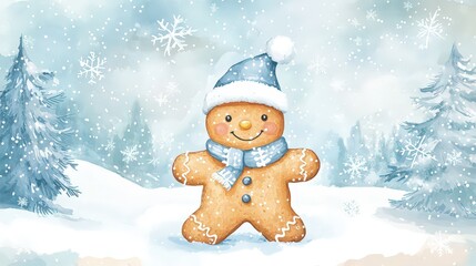 Cartoon Gingerbread Man Character Running in a Winter Setting Flat Design Raster Illustration