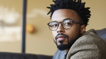 Obraz premium A young man with distinctive natural hair sits comfortably in a chic lounge, wearing glasses and a stylish jacket, exhibiting a contemplative demeanor as he gazes off into the distance