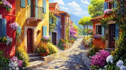 Naklejka premium Colorful Streets of a Charming Mediterranean Village