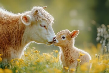 Obraz premium Mother Cow and Calf Kissing in Green Meadow – Close-Up Portrait of Light Brown Newborn Baby Animal