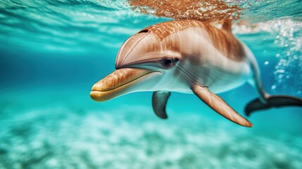 Close-Up Dolphin Swimming Underwater with Bubbles