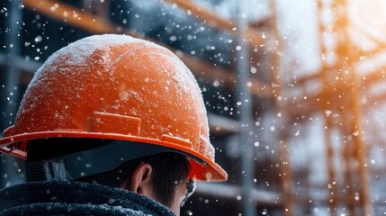 A construction worker wearing an orange hard hat stands in the snowfall at a building site
