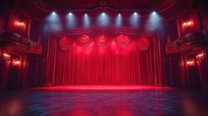 theater stage adorned with rich red curtains and bright spotlights, creating an inviting atmosphere for performances, evoking a sense of drama and anticipation in the audience