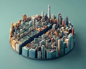 Futuristic 3D Pie Chart Depicting Global Population Distribution Across Cityscape Slices