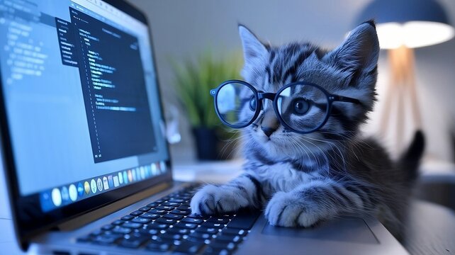 A cat with glasses is typing on a computer hd wallpaper