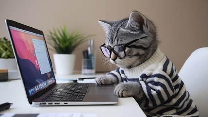 A cat with glasses is typing on a computer hd wallpaper