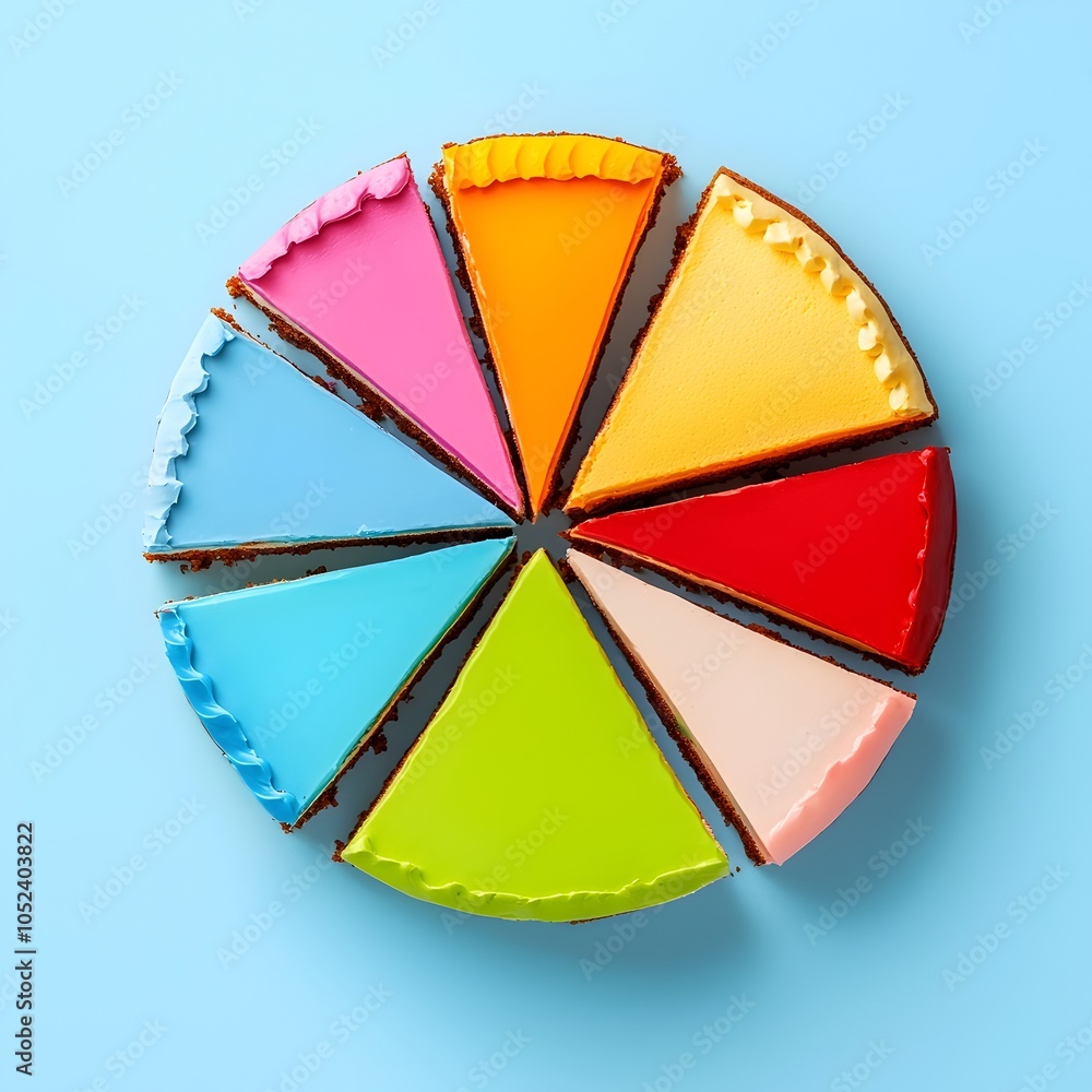 Poster colorful pie chart visualized as appetizing slices of cake representing different market segments