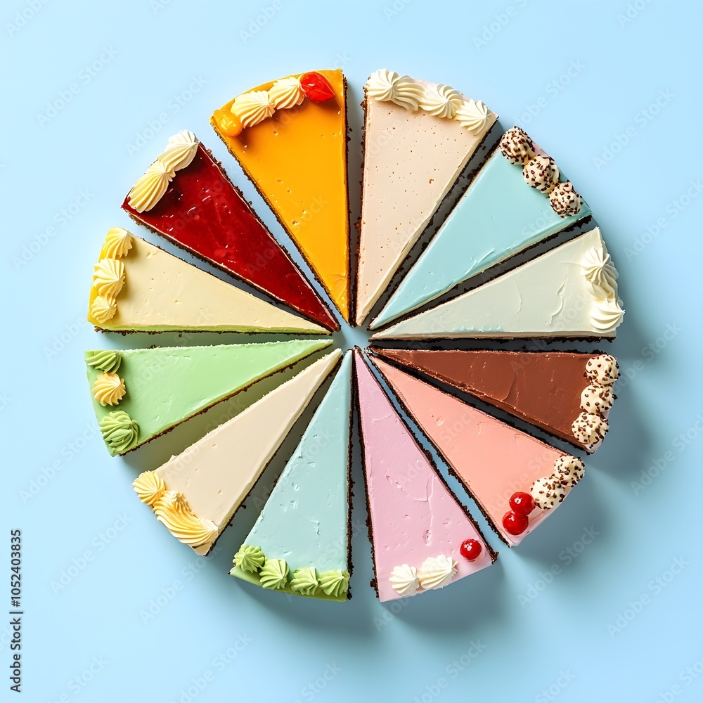 Poster colorful cake slices pie chart visualizing market segments in playful appetizing style