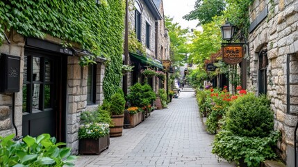 Fototapeta premium Charming Stone Alley Surrounded by Lush Greenery
