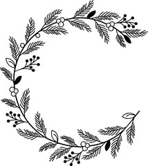 Elegant monochromatic floral wreath illustration with leaves and berries for Christmas decorations, paintings, drawings, and ornament design. Classic xmas semi circle decor.