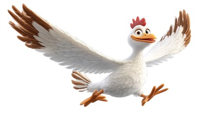 A cheerful white animated chicken with brown-tipped wings and a red comb, joyfully running with its wings outstretched.