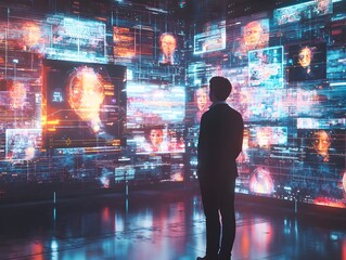 An AI Driven Marketing Room Filled with Futuristic Holographic Displays Analyzing Emotional Responses to Advertisements