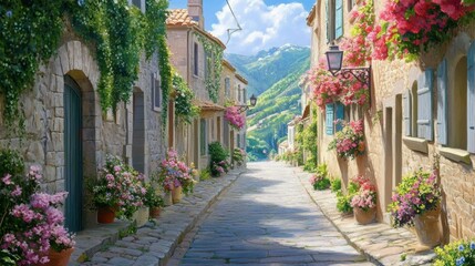 Fototapeta premium Charming Village Street with Colorful Flowers and Mountains