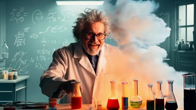 Funny crazy scientist in white coat conducts experiments in a laboratory. Mad physicist man puts on a performance in a school classroom. Madness in science. Joke, humor. Fun chemistry teacher.