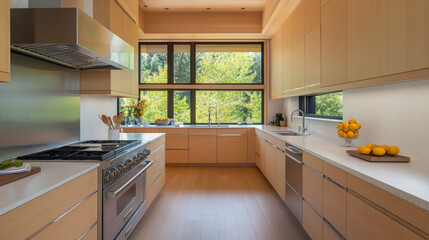 Fototapeta premium A modern kitchen with sleek wooden cabinetry, a large gas stove, and expansive windows providing a scenic view of the lush greenery outside.