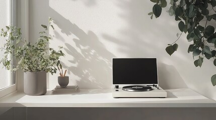 Fototapeta premium Minimalist Workspace with Turntable and Laptop Setup