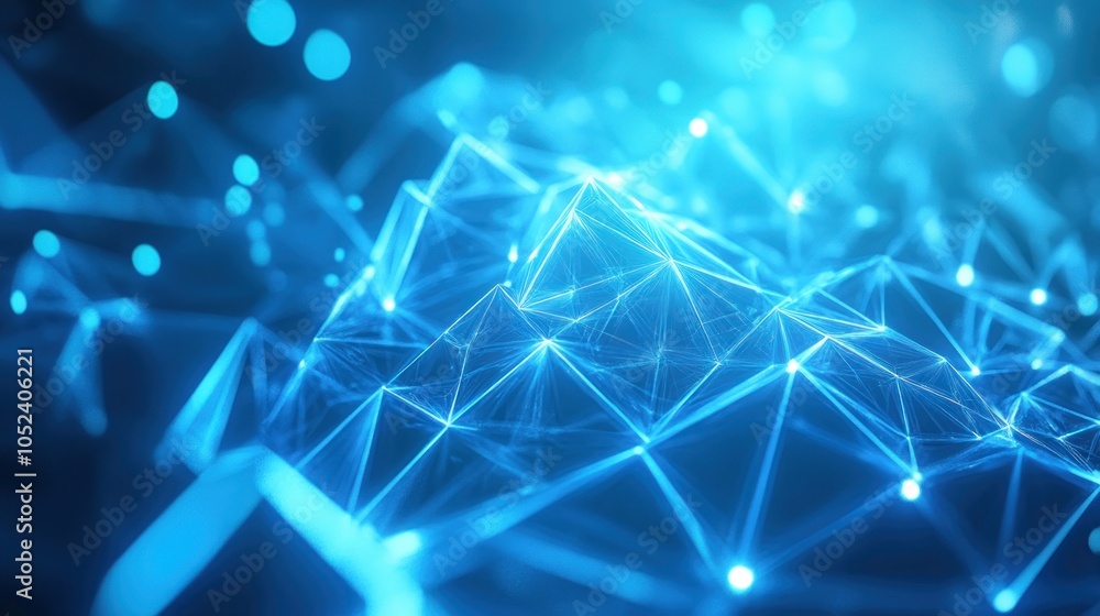 Poster abstract representation of interconnected digital nodes and geometric shapes in blue tones.