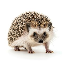 Obraz premium Small european hedgehog standing on a white background, looking ahead