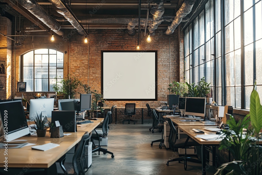 Poster modern open plan office with exposed brick walls and large windows, empty desks with computers.