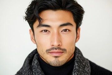 Obraz premium 魅力的な男性モデルが黒いセーターとスカーフを身に着けたポートレート、シンプルな背景で撮影