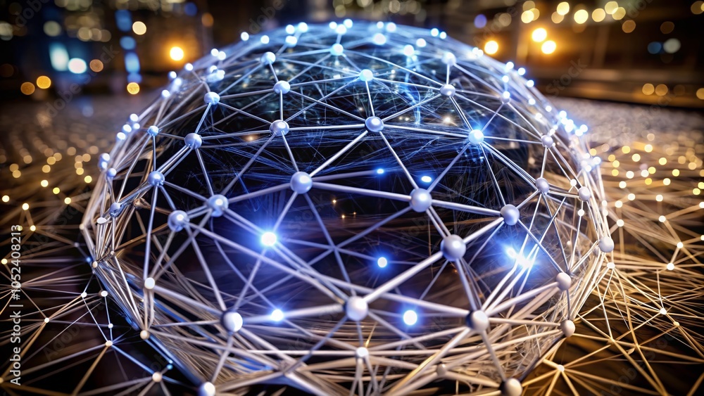 Poster high-tech digital network with electric blue wireframe and silver plexus for modern technology visua