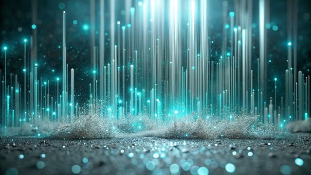 High-Tech Data Analysis Background with Luminous Turquoise Particles and Vertical Lines for Modern Visuals