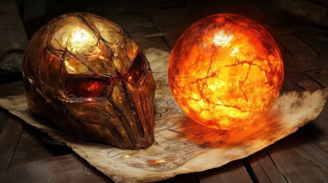 A golden skull mask with glowing red eyes sits on a parchment map next to a glowing orange orb.