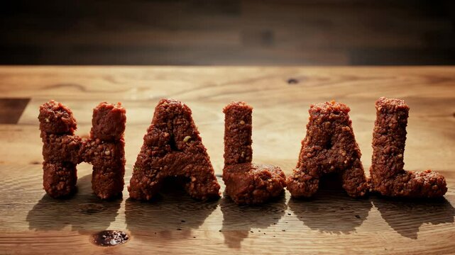 The inscription "Halal" that appears from the meatballs. The concept of halal meat.