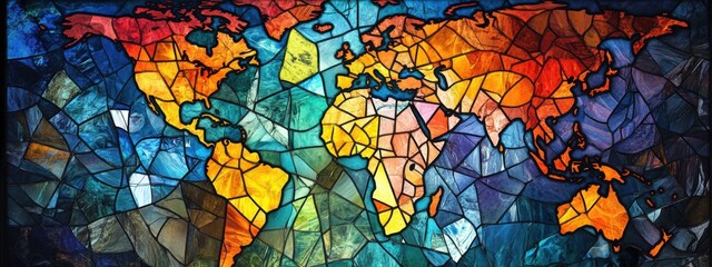 Obraz premium Vibrant stained-glass world map, continents crafted from colorful translucent segments, artistic representation of global unity and diversity