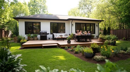 Family Gathering in a Sunny Backyard Setting