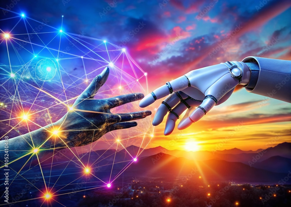 Poster human hand and robotic hand connection symbolizing ai creativity and data interactions in a futurist