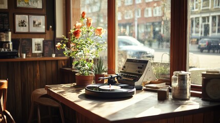 Fototapeta premium Cozy Café Scene with Vinyl Record Player