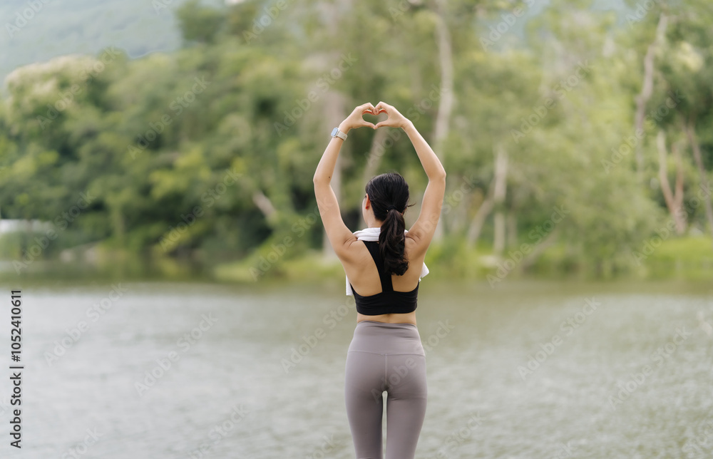 Wall mural woman in nature: a tranquil moment of self-care, as a woman in athletic wear stretches by a serene l