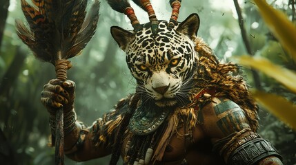 Fototapeta premium Jaguar Warrior in Lush Jungle Environment