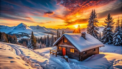 Fototapeta premium Idyllic Winter Mountain Landscape with Cozy Cabin at Sunset - Serene Nature Wallpaper for Tranquil Backgrounds