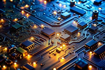 Illuminated Electronic Circuit Board with Central Processor for Tech Themes