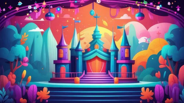 A colorful fantasy castle with a stage in front of it. The castle is surrounded by trees and mountains