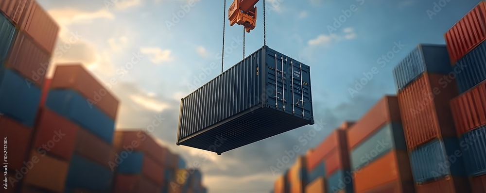 Poster industrial crane lifting shipping container with workers below - busy port scene with stacked contai