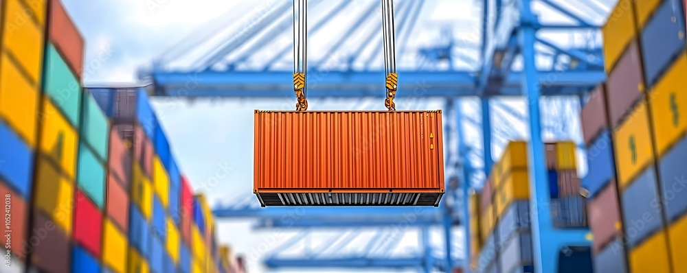Poster container crane operations workers directing cargo placement with hand signals - dynamic high-angle 
