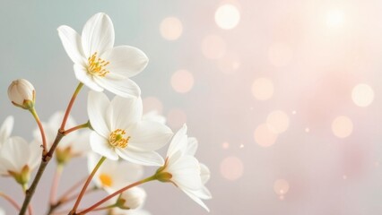 Fototapeta premium Delicate white flowers bloom against a soft pastel background, capturing the essence of spring's beauty and tranquility