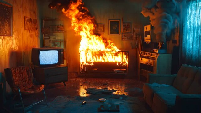 A Chaotic Living Room Featuring a Sofa That Is On Fire Alongside a Vintage Television Set Displaying Scenes