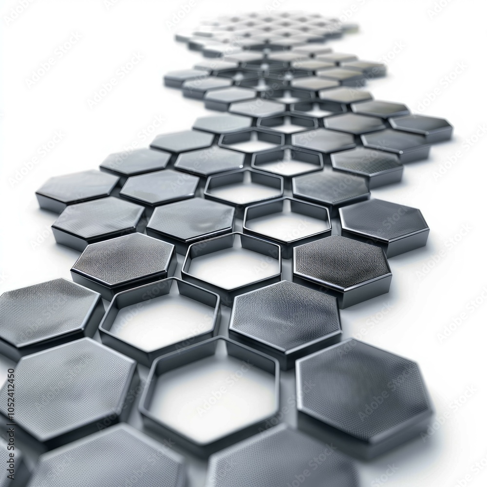 Poster sequence of elevated metallic hexagons creates a futuristic and abstract design on a white backgroun
