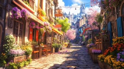 Fototapeta premium Charming Flower-Lined Cobblestone Street in Spring