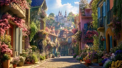 Obraz premium Charming Flower-Laden Street in a Fantasy Village