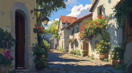 Fototapeta premium Charming Village Street with Blossoming Flowers