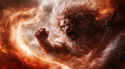 Obraz premium A fierce, white-haired mythical figure with red eyes, roars and holds a staff, surrounded by fiery clouds.