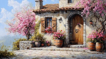 Obraz premium Charming Cottage with Blooming Flowers in Spring