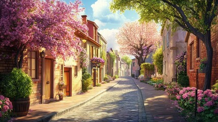 Fototapeta premium Serene Street with Blossoming Trees and Charming Homes