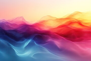 Fototapeta premium Abstract colorful landscape with mountains and hills in shades of red, orange, yellow, pink, blue, and purple.