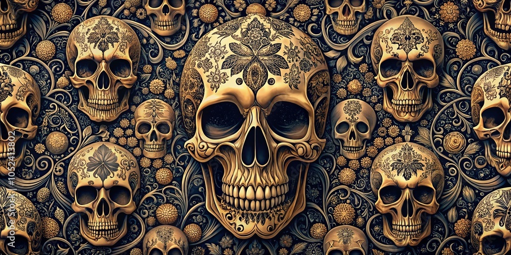 Poster intricate skull pattern design for unique backgrounds and textiles